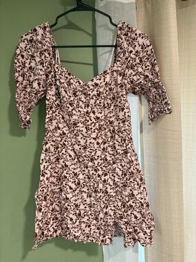 miami Pink and Brown Floral Puff-Sleeve Mini Dress